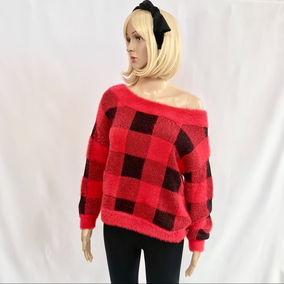 🔥NWT Express Red & Black Off-The-Shoulder Sweater - Picture 8 of 8